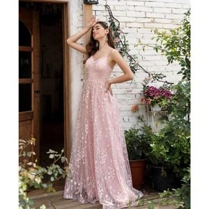 SHEIN Belle Embroidery Mesh Overlay Cami Flowy Maxi Dress (Pink)- Large